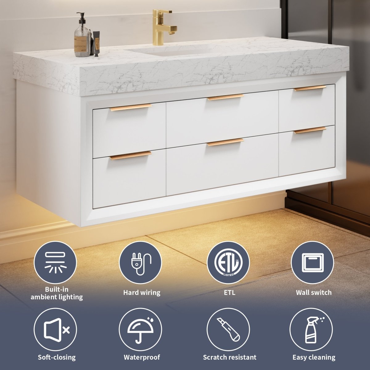 Glam 48" modern floating white rubberwood bathroom vanity with stone slab countertop and built-in lights.