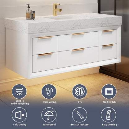 Glam 48" modern floating white rubberwood bathroom vanity with stone slab countertop and built-in lights.