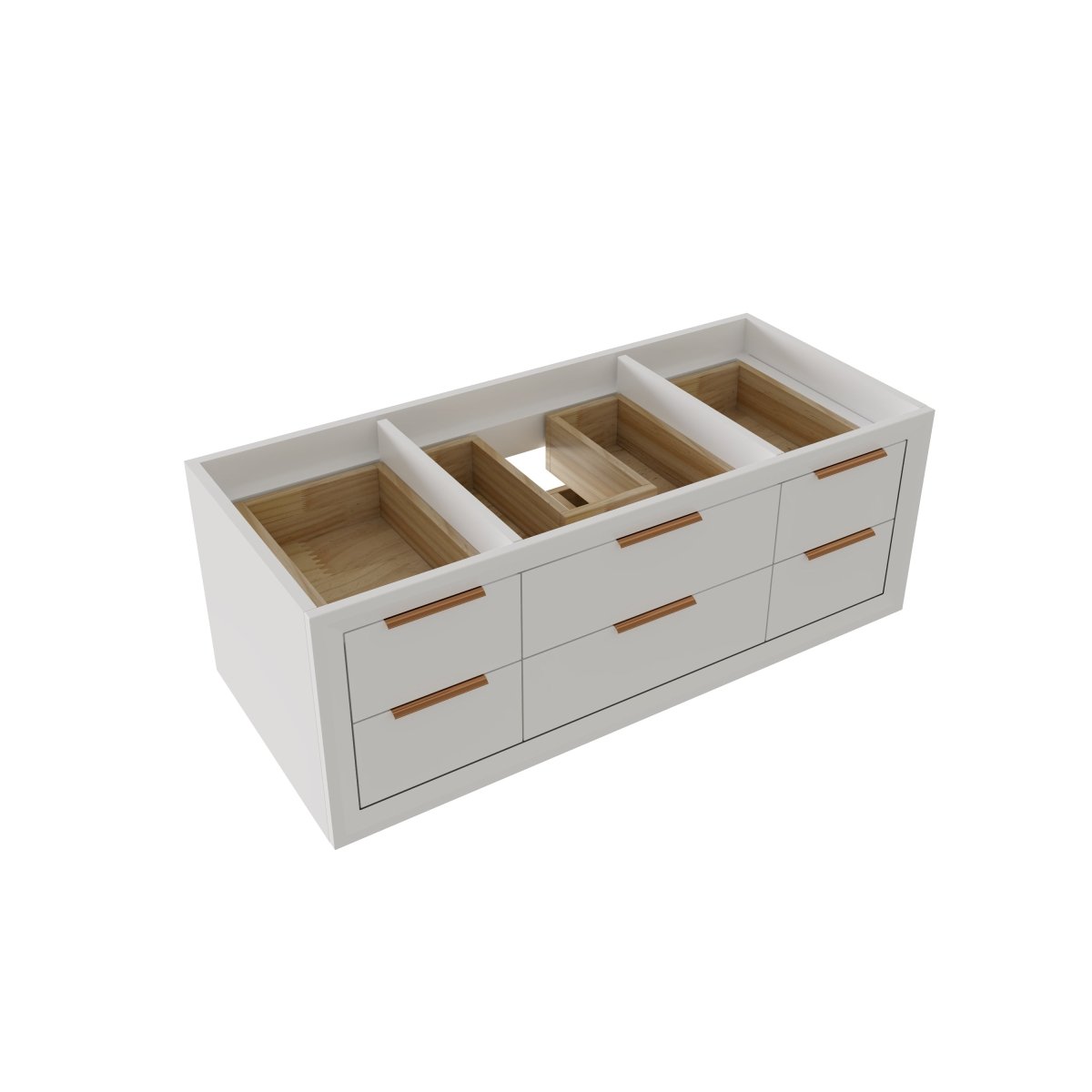 Glam 48" modern white bathroom vanity cabinet with stone slab countertop, featuring soft close drawers and white rubberwood construction.