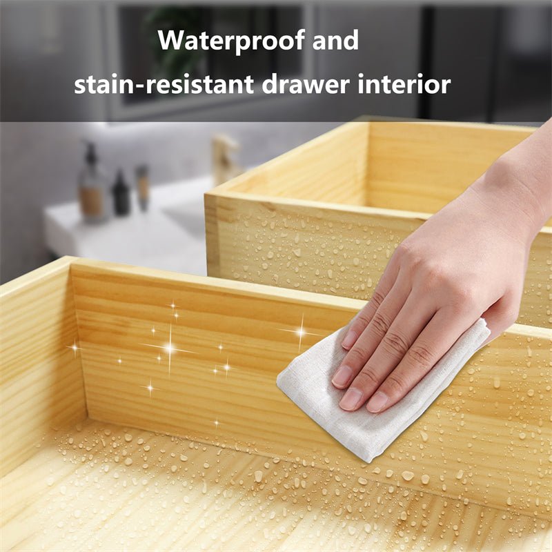 Waterproof and stain-resistant drawer interior of modern floating white bathroom vanity cabinet.