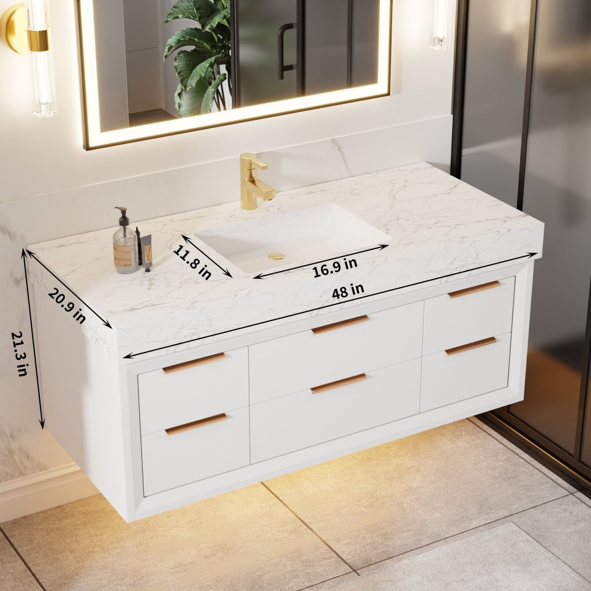 Glam 48" modern floating white rubberwood bathroom vanity with lights, stone slab countertop, and single sink.