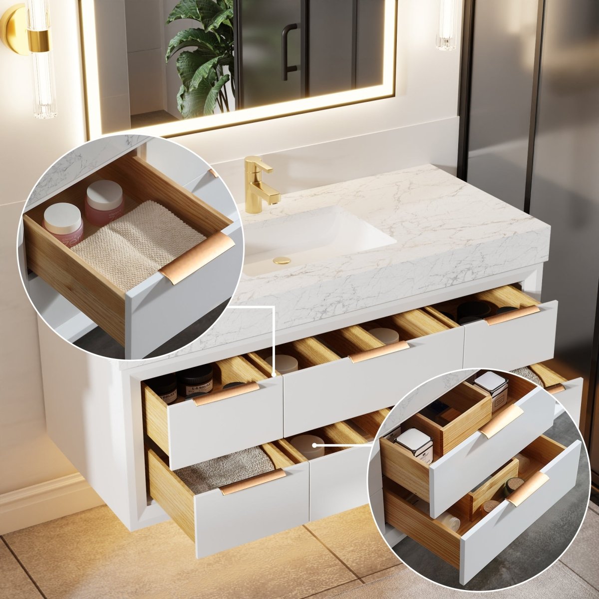 Glam 48" modern floating white bathroom vanity with lights, single sinks, and stone slab countertop.