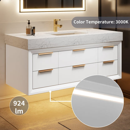 Glam 48" modern floating white bathroom vanity with lights, stone slab countertop, and single sink.