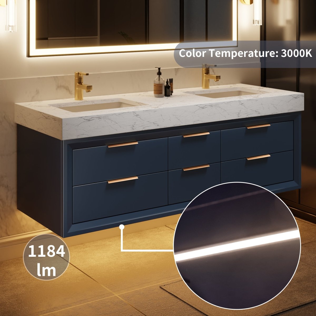 Glam 60" Modern Floating Rubberwood Bathroom Vanity Cabinet with Lights and Stone Slab Countertop in Blue