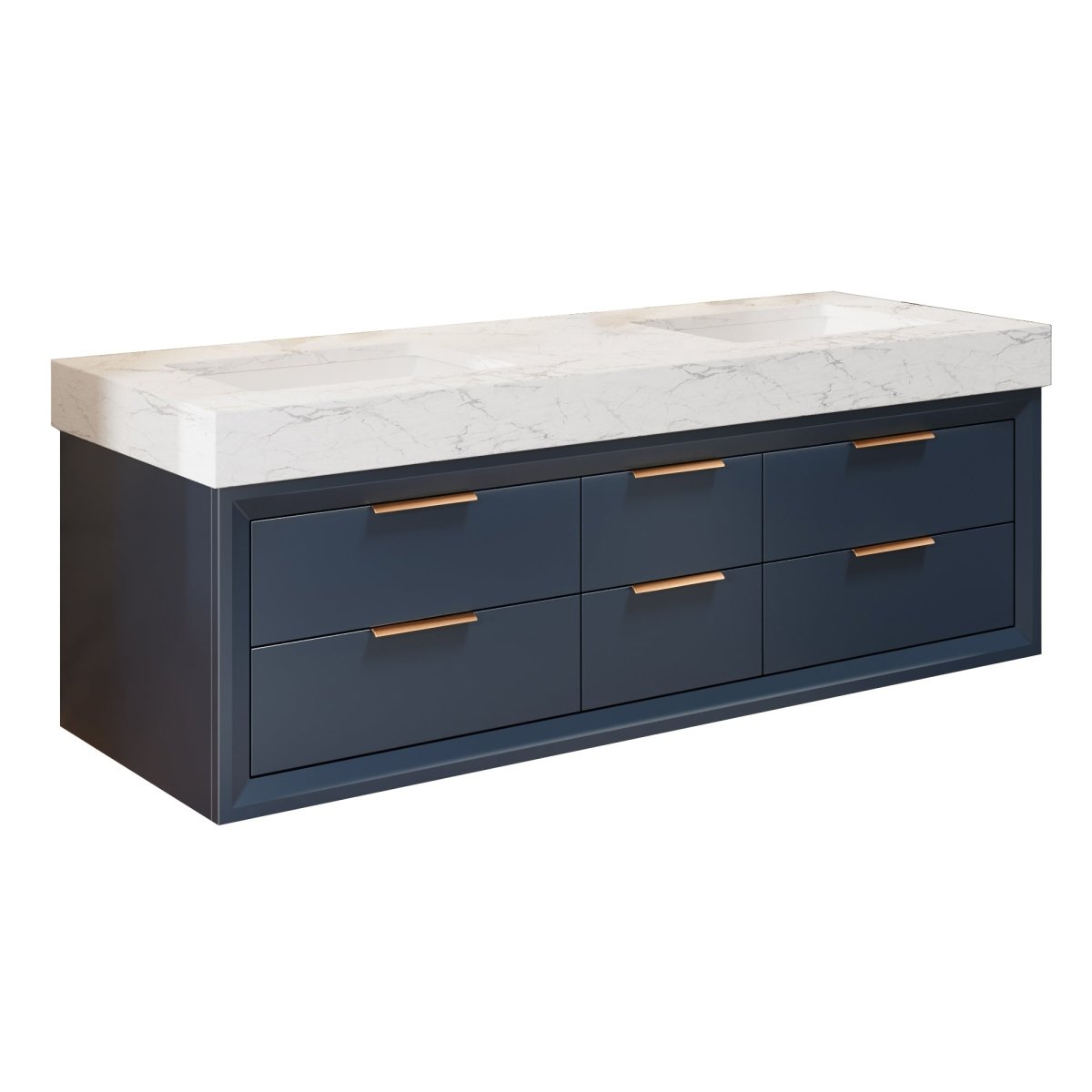 Glam 60" Modern Floating Rubberwood Bathroom Vanity Cabinet with Lights and Stone Slab Countertop in Blue