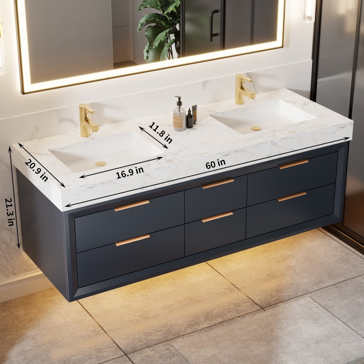 Glam 60" Modern Floating Rubberwood Bathroom Vanity Cabinet with Lights and Stone Slab Countertop in Blue