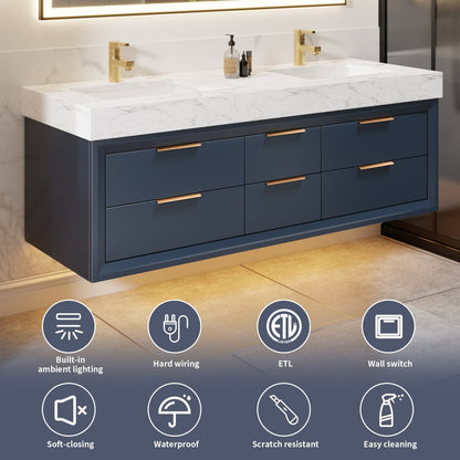 Glam 60" Modern Floating Rubberwood Bathroom Vanity Cabinet with Lights and Stone Slab Countertop in Blue
