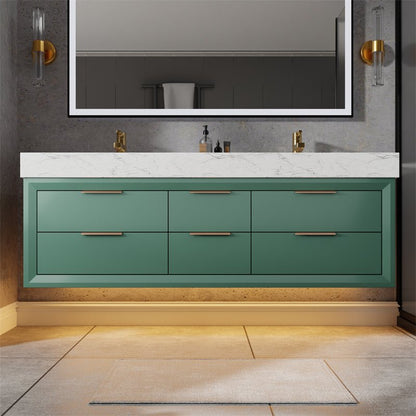 Glam 60" Modern Floating Rubberwood Bathroom Vanity Cabinet with Lights and Stone Slab Countertop in Green