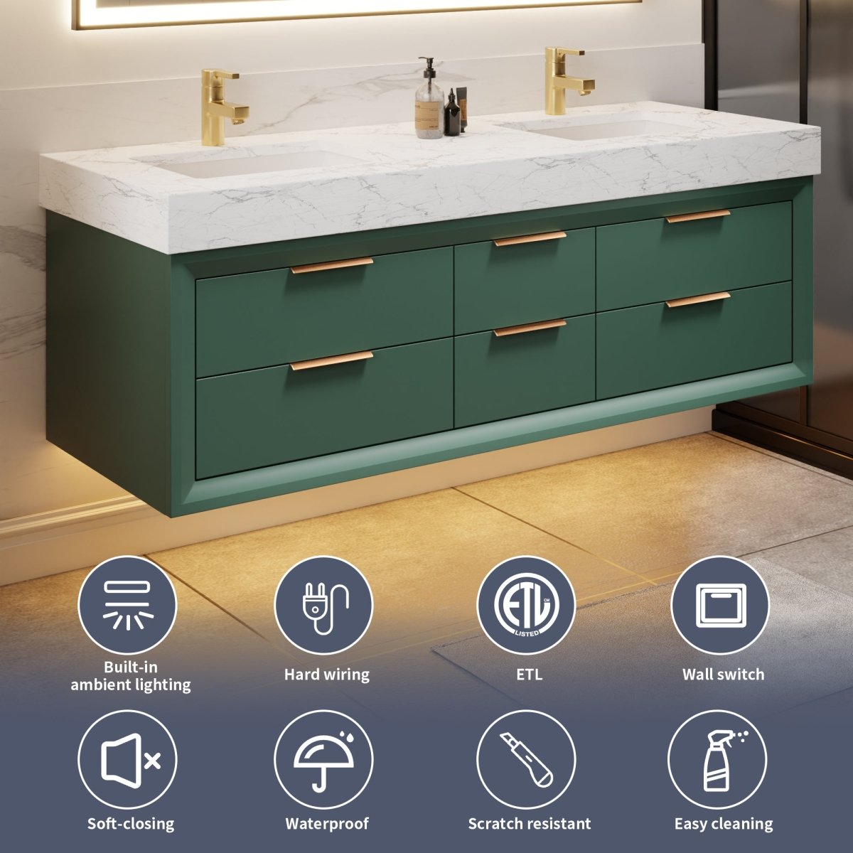 Glam 60" Modern Floating Rubberwood Bathroom Vanity Cabinet with Lights and Stone Slab Countertop in Green