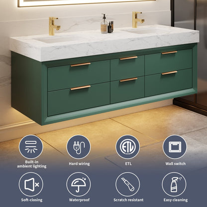 Glam 60" Modern Floating Rubberwood Bathroom Vanity Cabinet with Lights and Stone Slab Countertop in Green