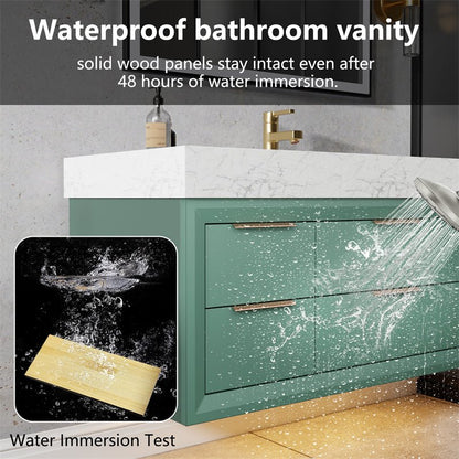 Glam 60" Modern Floating Rubberwood Bathroom Vanity Cabinet with Lights and Stone Slab Countertop in Green