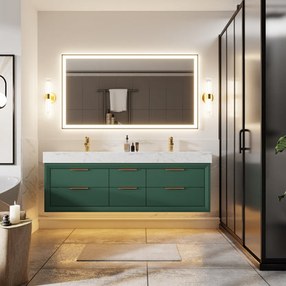 Glam 60" Modern Floating Rubberwood Bathroom Vanity Cabinet with Lights and Stone Slab Countertop in Green