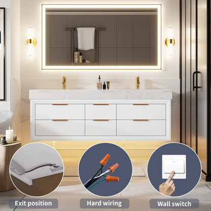 Glam 60" Modern Floating Rubberwood Bathroom Vanity Cabinet with Lights and Stone Slab Countertop in White