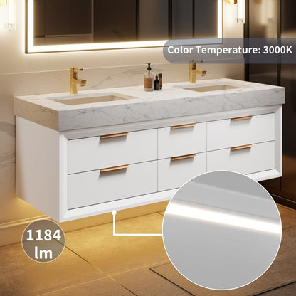 Glam 60" Modern Floating Rubberwood Bathroom Vanity Cabinet with Lights and Stone Slab Countertop in White