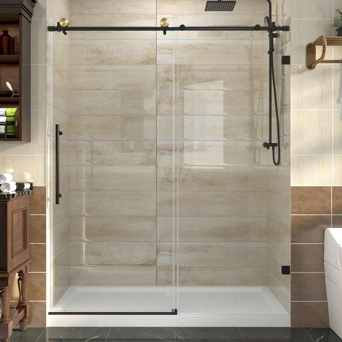 Glide 56"-60" Width x 74" Height Frameless Sliding Shower Door,Clear Tempered Glass,Matte Black,Smooth Door Closing,Vertical Handle