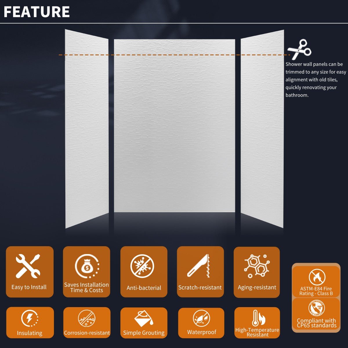 Huck - C Solid Surface 60" W x 76" H Tile Tub and Shower Wall Panel Surround, Quick Install,Cuttable,Textured Concrete,36in