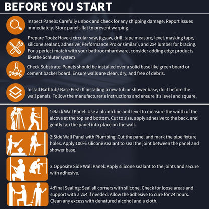 Huck - V Solid Surface 60" W x 76" H Tile Tub and Shower Wall Panel Surround, Quick Install,Cuttable,Big Tile Pattern,32in