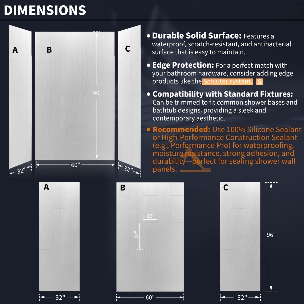Huck - V Solid Surface 60" W x 76" H Tile Tub and Shower Wall Panel Surround, Quick Install,Cuttable,Big Tile Pattern,32in