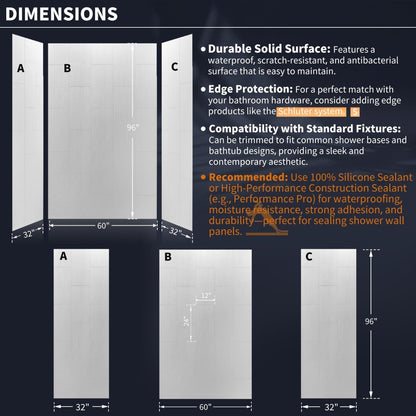 Huck - V Solid Surface 60" W x 76" H Tile Tub and Shower Wall Panel Surround, Quick Install,Cuttable,Big Tile Pattern,32in