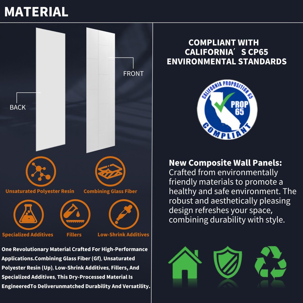 Huck - V Solid Surface 60" W x 76" H Tile Tub and Shower Wall Panel Surround, Quick Install,Cuttable,Big Tile Pattern,36in