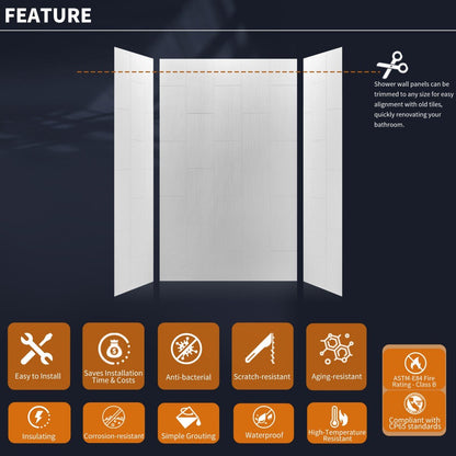 Huck - V Solid Surface 60" W x 76" H Tile Tub and Shower Wall Panel Surround, Quick Install,Cuttable,Big Tile Pattern,36in