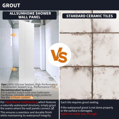 Huck - V Solid Surface 60" W x 76" H Tile Tub and Shower Wall Panel Surround, Quick Install,Cuttable,Big Tile Pattern,36in