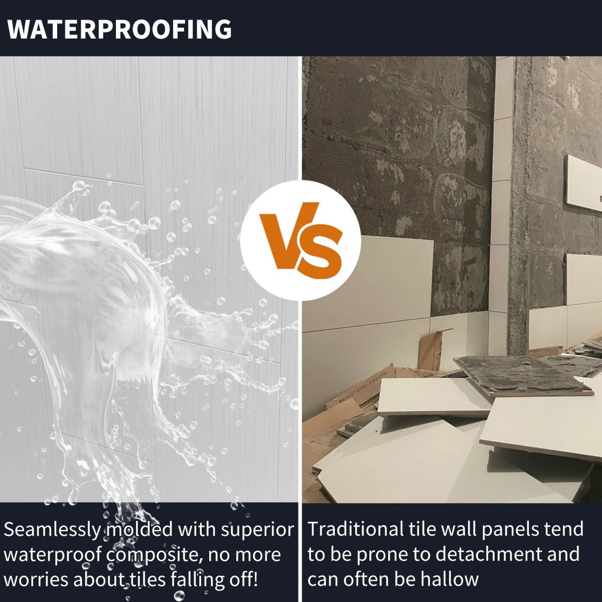 Huck - V Solid Surface 60" W x 76" H Tile Tub and Shower Wall Panel Surround, Quick Install,Cuttable,Big Tile Pattern,36in