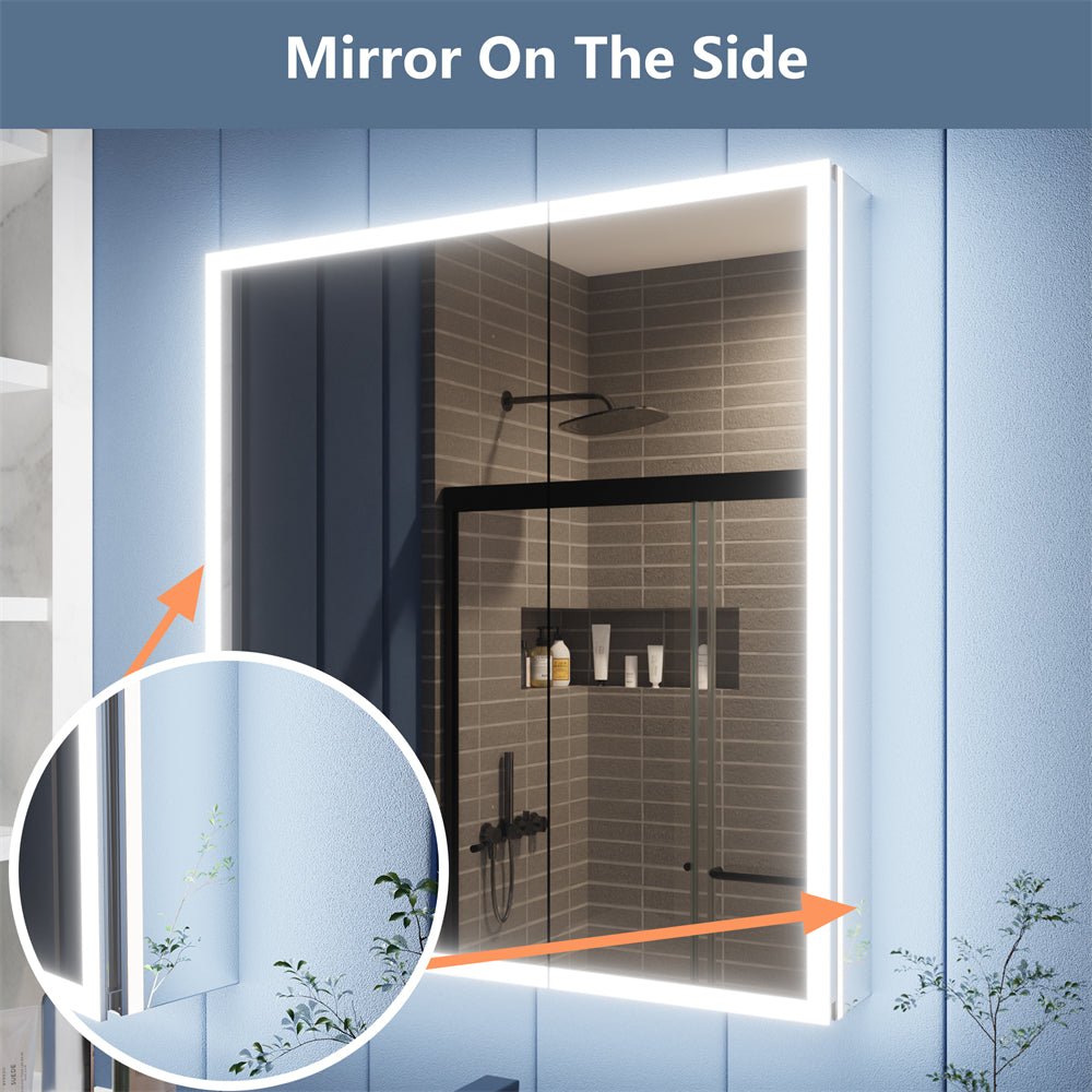 Illusion 30" x 32" LED lighted medicine cabinet with magnifiers, featuring front and back lighting, side mirror view, and elegant design.