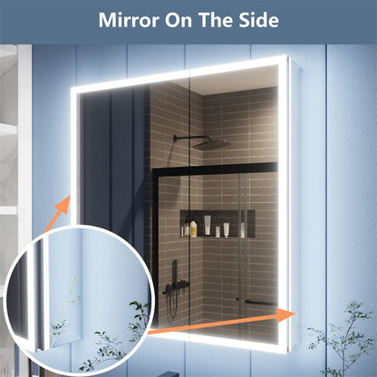 Illusion 30" x 32" LED lighted medicine cabinet with magnifiers, featuring front and back lighting, side mirror view, and elegant design.