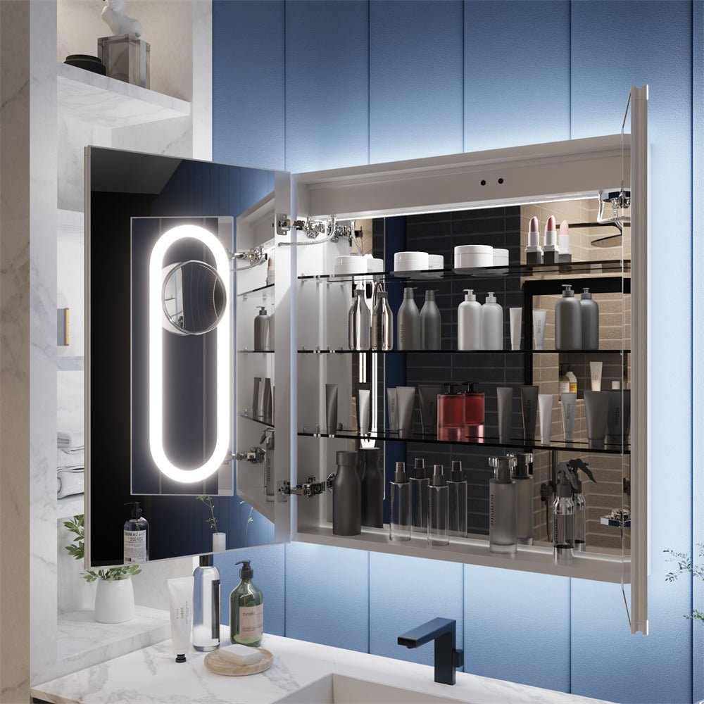 Illusion 30" x 32" LED lighted medicine cabinet with front and back magnifiers, highlighted by versatile lighting settings.