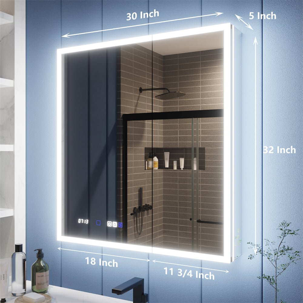 Illusion 30" x 32" LED lighted medicine cabinet with magnifiers, featuring front and back lighting, mounted in a modern bathroom.