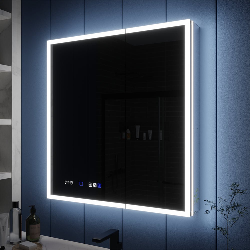 Illusion 30" x 32" LED lighted medicine cabinet with magnifiers, featuring front and back lighting on a blue wall.
