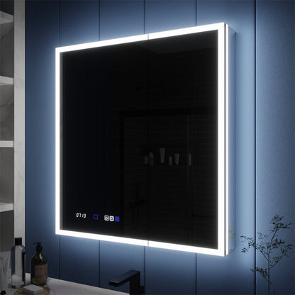 Illusion 30" x 32" LED lighted medicine cabinet with magnifiers, featuring front and back lighting on a blue wall.