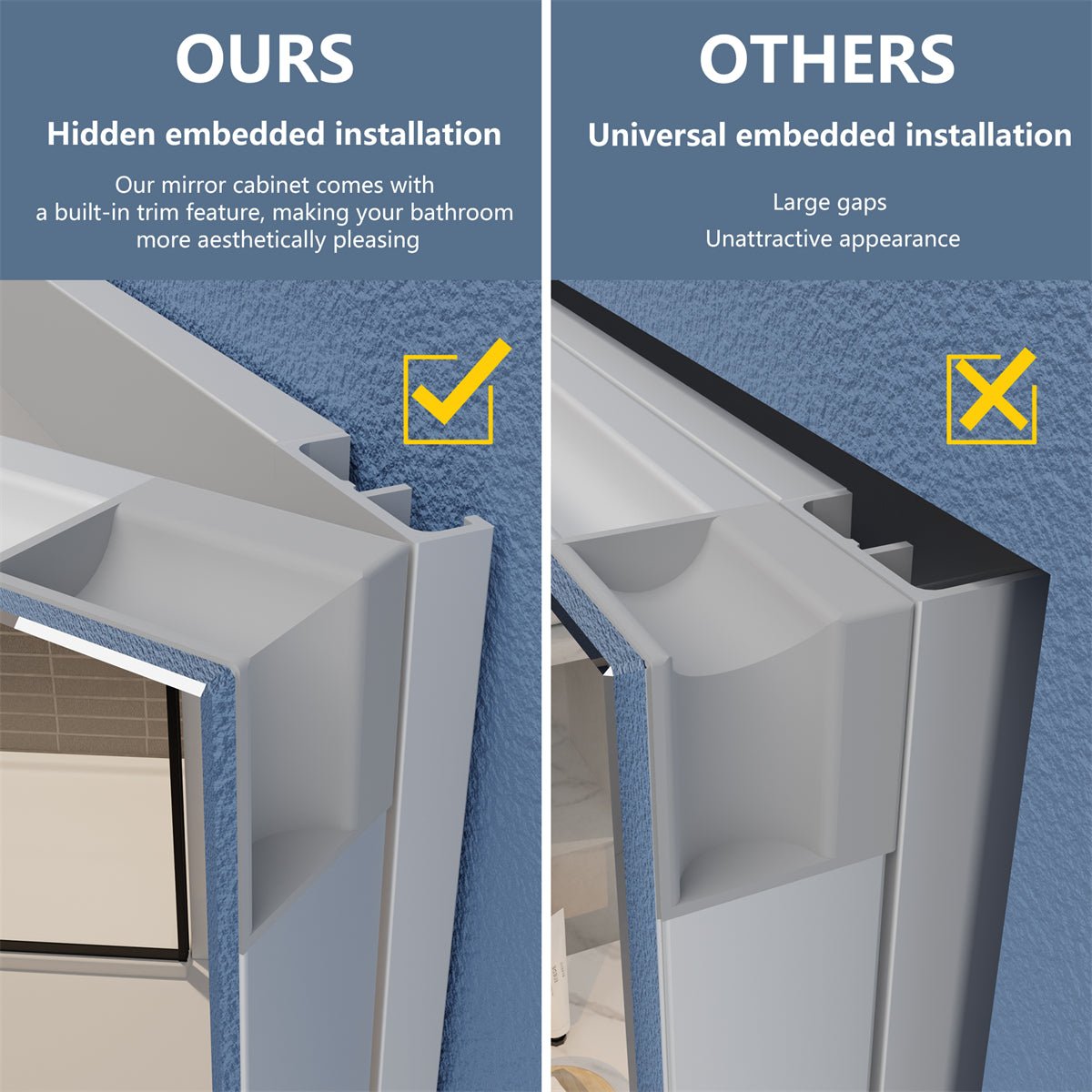 Illusion 36" x 32" LED lighted medicine cabinet with magnifiers, featuring hidden embedded installation compared to universal installation.