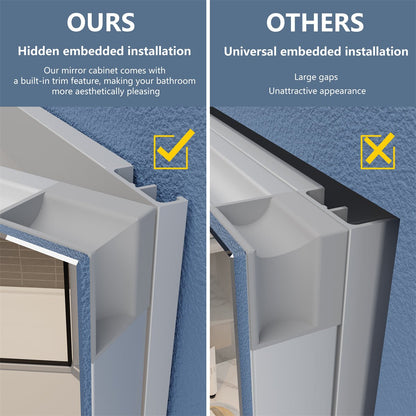 Illusion 36" x 32" LED lighted medicine cabinet with magnifiers, featuring hidden embedded installation compared to universal installation.