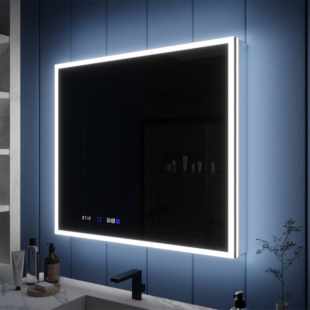 Illusion 36" x 32" LED Lighted Medicine Cabinet with Magnifiers, featuring front and back lighting.