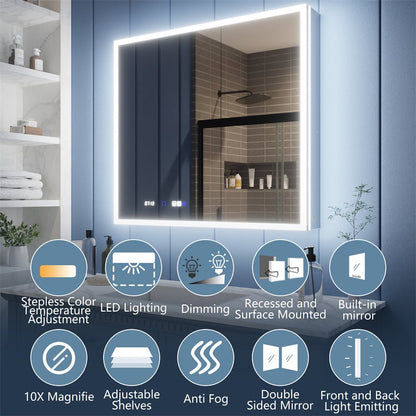 Illusion 36" x 32" LED lighted medicine cabinet with magnifiers, featuring front and back lighting options and modern bathroom enhancements.