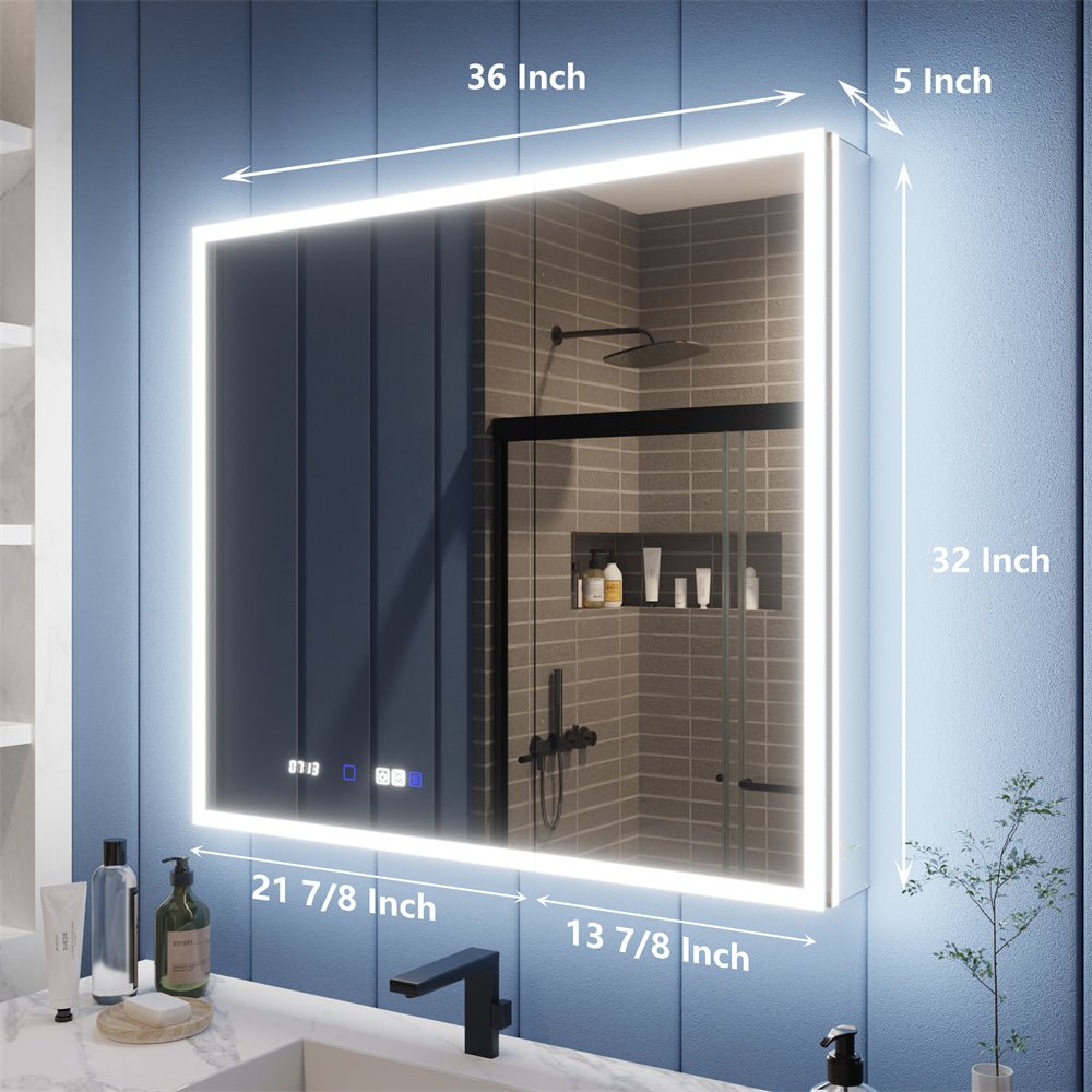 Illusion 36" x 32" LED lighted medicine cabinet with magnifiers and front-back light in modern bathroom setting.