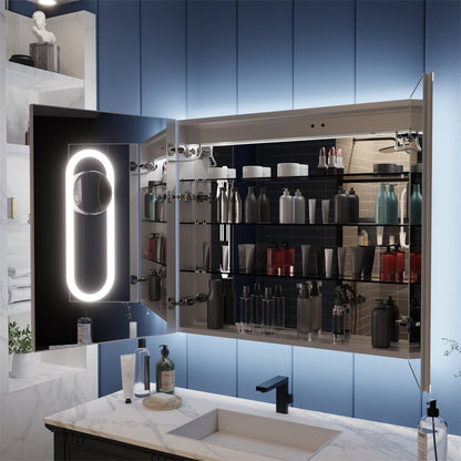 Illusion 36" x 32" LED lighted medicine cabinet with front and back lighting, featuring magnifiers and adjustable shelves.