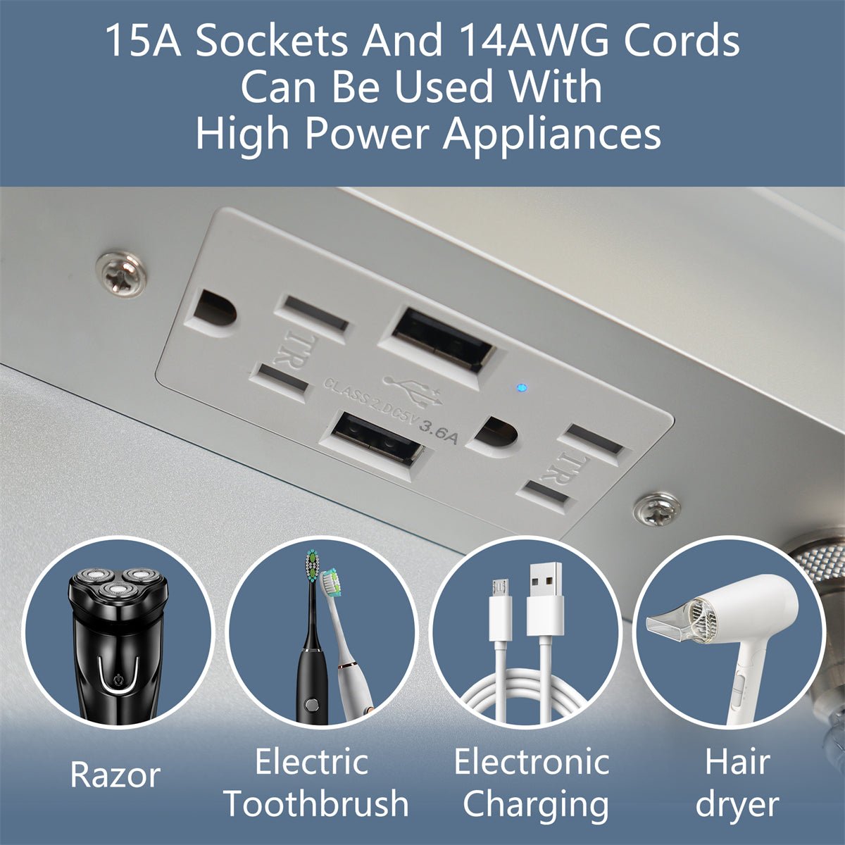 Illusion 36" x 32" LED lighted medicine cabinet with integrated high power sockets for appliances like razors and hair dryers.
