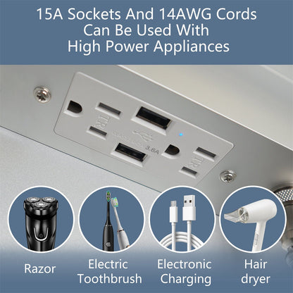 Illusion 36" x 32" LED lighted medicine cabinet with integrated high power sockets for appliances like razors and hair dryers.