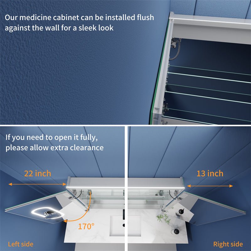 Illusion 36" x 32" LED Lighted Medicine Cabinet, magnifiers, front and back light, flush mount, 170° hinges, blue bathroom wall.