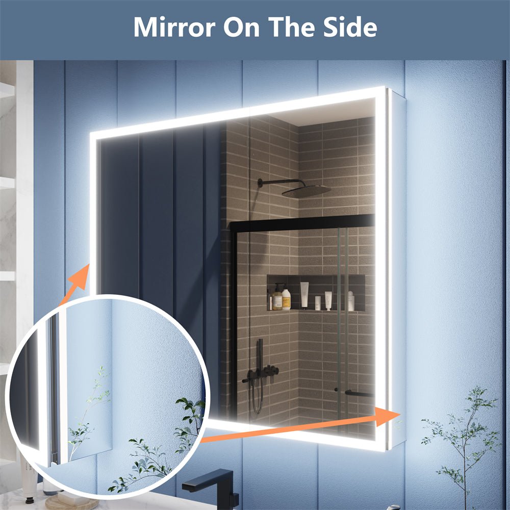 Illusion 36" x 32" LED lighted medicine cabinet with magnifiers, featuring front and back lighting in a modern bathroom setting.