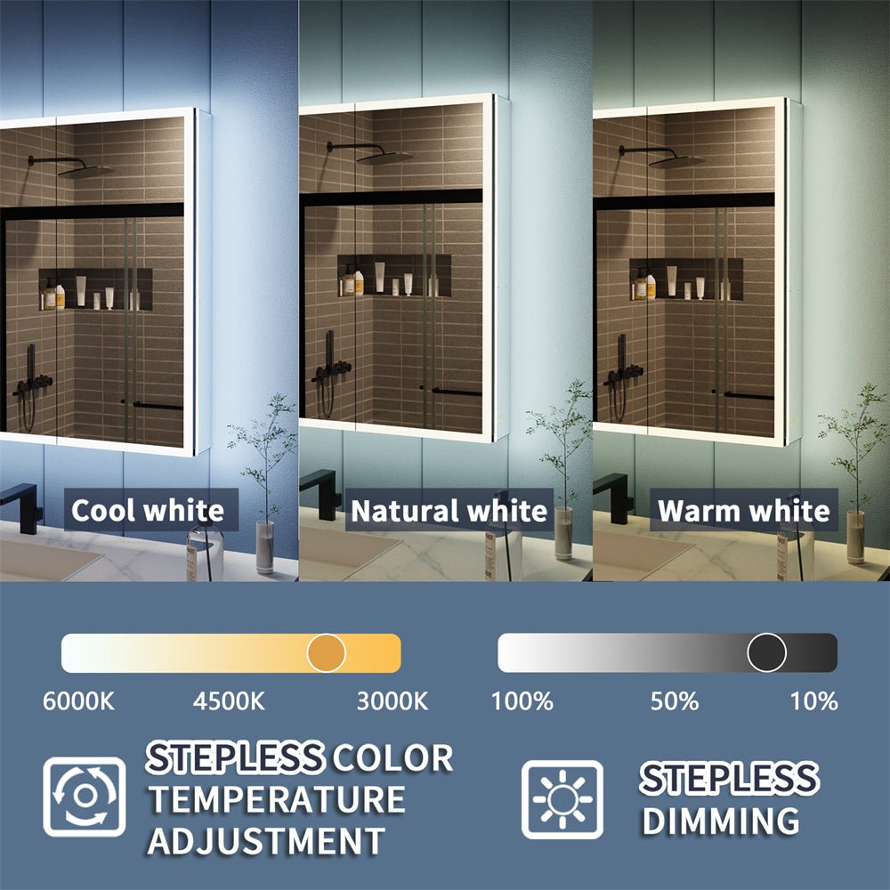 Illusion 36" x 32" LED Lighted Medicine Cabinet with magnifiers, showcasing adjustable color temperature and dimming options.