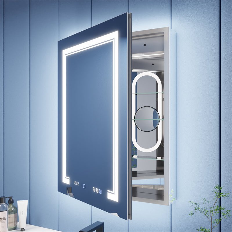 Illusion - B 24" x 32" LED Lighted Inset Mirrored Medicine Cabinet with Magnifiers Front and Back Light,Hinge on Left