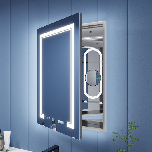 Illusion - B 24" x 32" LED Lighted Inset Mirrored Medicine Cabinet with Magnifiers Front and Back Light,Hinge on Left
