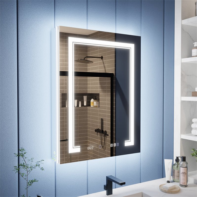 Illusion - B 24" x 32" LED Lighted Inset Mirrored Medicine Cabinet with Magnifiers Front and Back Light,Hinge on Right