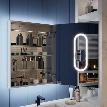 Illusion - B 24" x 32" LED Lighted Inset Mirrored Medicine Cabinet with Magnifiers Front and Back Light,Hinge on Right