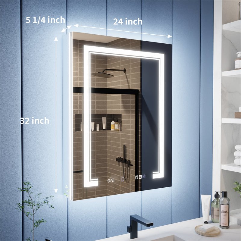 Illusion - B 24" x 32" LED Lighted Inset Mirrored Medicine Cabinet with Magnifiers Front and Back Light,Hinge on Right