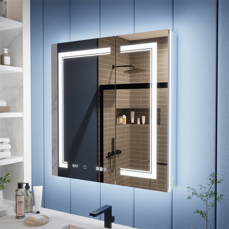 Illusion - B 30" x 32" LED Lighted Inset Mirrored Medicine Cabinet with Magnifiers Front and Back Light